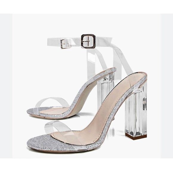 PrettyLittleThings Size 4UK = US6 Silver Clear strappy ankle High Heels - Picture 2 of 9